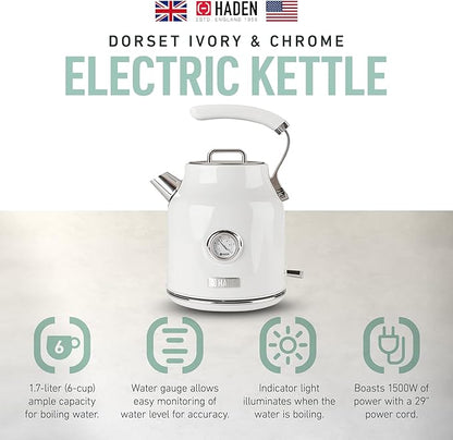 Haden Dorset 1.7 Liter Stainless Steel Electric Kettle, Hot Water Kettle with 360-Degree Base and Auto Shutoff, Ivory & Chrome