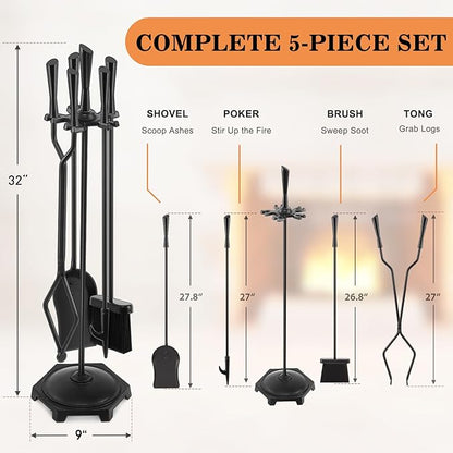 Gtongoko 5 Pcs Fireplace Tools Set 32" Black Wrought Iron Large Fire Tool Set for Outdoor/Indoor Include Chimney Poker, Rustic Tongs, Shovel, Antique Brush and Stand Accessories Set