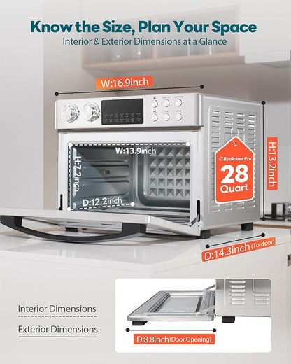 28QT Air Fryer Toaster Oven Combo, Large 12-in-1 Convection Countertop Oven with 3-Layer Cooking, Rotisserie for Chicken, 6 Heating Tubes, Fast Preheat, Fit 11" Pizza, All Accessories, Stainless Steel