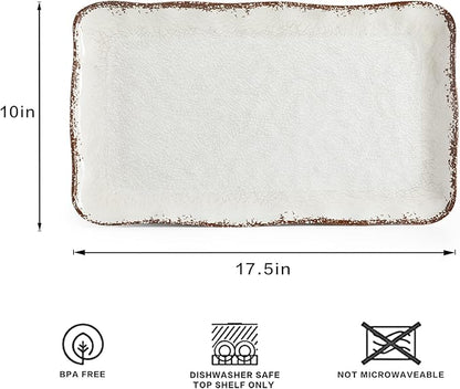 LEHAHA Farmhouse Large Serving Platters, 2 Piece Melamine Dinnerware Set, 17.5 x 10 Inches Vintage Serving Tray, Rectangle White Rustic Trays Set of 2