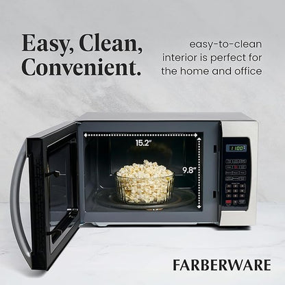 Farberware Countertop Microwave Oven 1000 Watt Power Auto Cook Settings, Defrost, Easy Clean and Child Safety Lock, 1.3 Cu. Ft, Stainless