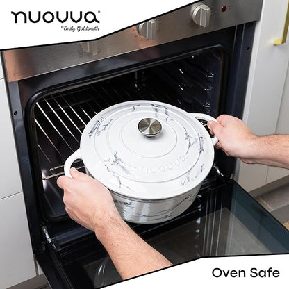 Cast Iron Dutch Oven with Lid – Non-Stick Ovenproof Enamelled Casserole Pot – Sturdy Dutch Oven Cookware – Marble, 6.4-Quart, 28cm – by Nuovva