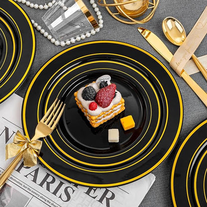 bUCLA 150 Pieces Black and Gold Disposable Dinnerware Set - 25 Guests Black Gold Plastic Plates Include 25 Dinner & 25 Dessert Plates, 25 Spoons, 25 Forks, 25 Knives, 25 Cups for Party & New Year