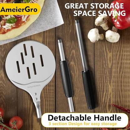 Pizza Peel - Perforated Turner, Adjustable Long Handle, Harden Anodizing, Oven Accessories