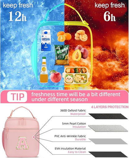 Initial Insulated Lunch Bag for Girls Kids, Back to School Gift, Reusable Leak-proof Lunch Box with Adjustable Strap for School Daycare Travel Picnic (Pink,A)