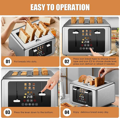 4 Slice Toaster, Touchscreen & Dual Independent Control Panel,Digital Countdown Toasters, 6 Shade Settings＆6 Bread Types, Smart Mute/Screen-Off,Silver