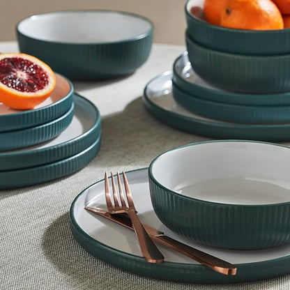 Christian Siriano Laro 24-Piece Stoneware Dinnerware Set, Plates and Bowls Set, Microwave and Dishwasher Safe, Dish Set for 8, Green