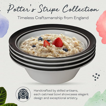 Portmeirion Potter's Stripe Oatmeal Bowls (Set of 4) - Elegant Earthenware for Breakfast, Lunch & Dessert - Microwave & Dishwasher Safe Bowls, Handcrafted Stackable Bowl Collection (Black Stripe)