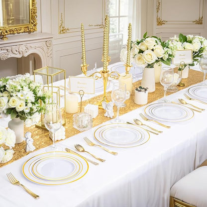 WDF300 Pieces Gold Plastic Silverware - Heavy Duty Disposable Cutlery Set Plastic Gold Silverware Set Includes 100 Forks, 100 Spoons, 100 Knives for Party/Thanksgiving