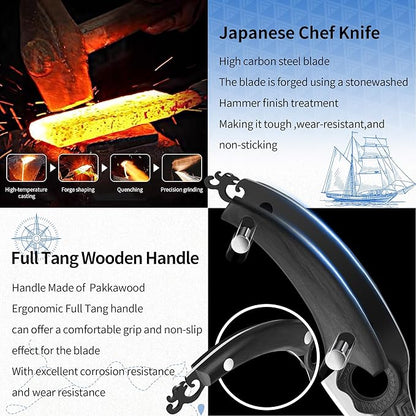 XYJ Authentic Since 1986,Kitchen Knife Block Set,High Carbon Steel Blades,Knives Set with Wooden Magnetic Knife Block,Sharpening Steel,Cutting Board,Cleaver Slicing Knife,Wood Handle
