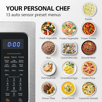 Toshiba Air Fryer Combo 4-in-1 Countertop Microwave Oven, Smart Sensor, Convection, Mute Function, Position Memory 13.6" Turntable, 1.5 Cu Ft, 1000W, Silver, ML-EC42P(SS)