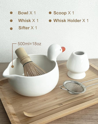 Matcha Whisk Set, Matcha Set with Cute Duck Inspired Matcha Bowl with Spout & Handle, Bamboo Whisk (Chasen), Holder, Scoop, Sifter, Complete Matcha Kit for Latte, Gifts