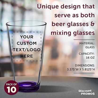 Custom Arc Pint Glass 16 oz. Set of 10, Personalized Bulk Pack - Beer Glasses, Heavy Duty Drinkware - Purple