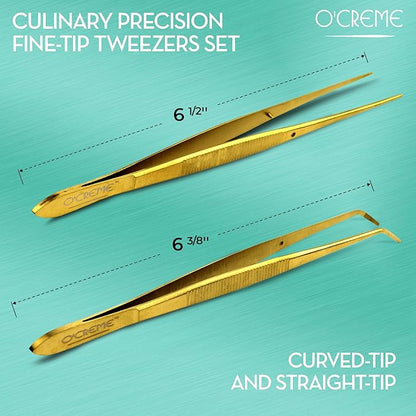 O'Creme Gold Stainless Steel Precision Kitchen Culinary Fine-Tip Tweezer Tongs, 1 Curved and 1 Straight