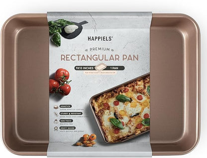 HAPPIELS Nonstick Non Toxic 9x13 in Baking Pan for oven | Cake Mold 9 x 13 Non Stick Nontoxic | Carbon Steel Gold Brownies Pans 13x9 inches | Rectangle Brownie Tray 9 by 13 inch | Baking Ware