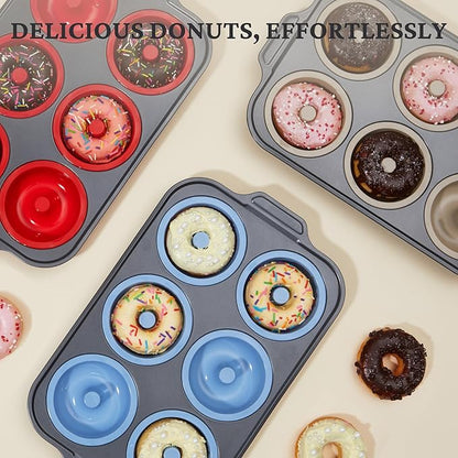 BRONYPRO Silicone Donut Pan for Baking with Metal Frame, 3.35 Inch Large doughnut pan,donut molds for baking Nonstick Non Toxic Bakeware for Oven,Blue