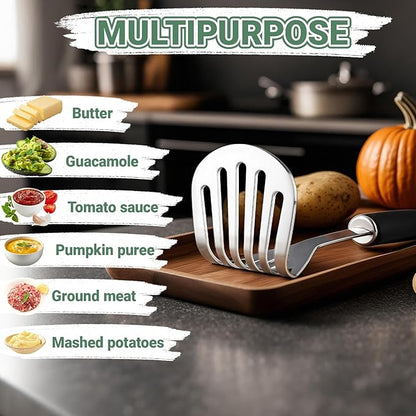 Potato Masher Stainless Steel Heavy Duty Mashed Potato Masher Kitchen Tool for Mashed Potatoes, Bean,Vegetable,Fruits, Avocados, Meat,Dishwasher Safe, 10 Inch