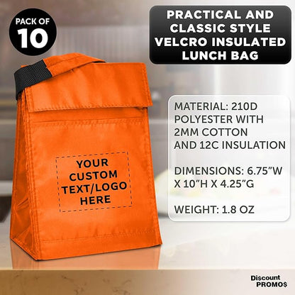DISCOUNT PROMOS 10 Hook and Loop Insulated Lunch Bags Set - Customizable Text, Logo - Polyester, Durable, Vibrant, Reusable - Orange