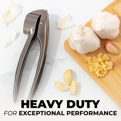 Zulay Kitchen Premium Garlic Press Set – Rust Proof & Dishwasher Safe Garlic Mincer Tool with Silicone Garlic Peeler & Brush, Easy Squeeze & Clean, Ergonomic Soft Grip Handle - Medium – Dark Gray