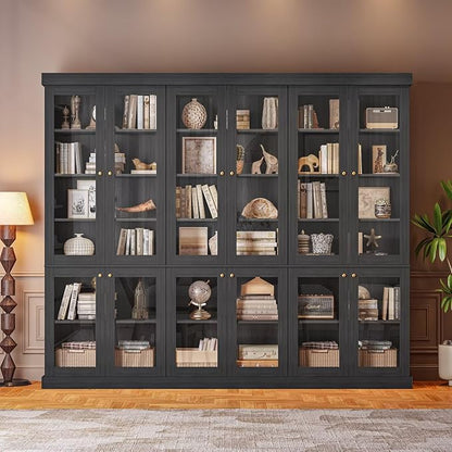 70.8" Bookshelf with Glass Doors, Farmhouse Modular Bookcase with 6-Tier Adjustable Shelves, Large Storage Cabinet for Living Room & Home Office, Set of 2, Black