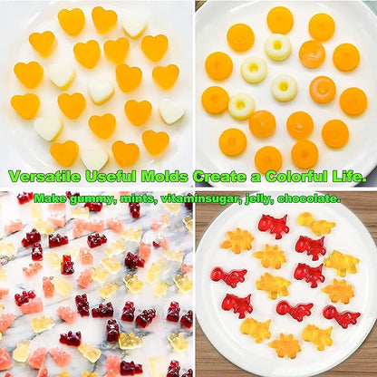 KRLIFCSL Gummy Molds 6 Pcs Set 299 Candies, 16 Shapes with 4 Droppers, 1 Clean Brush & 50 Package Bags, Including Dinosaur, Hearts, Sea Animals Nonstick Chocolate Molds (Mini Multicolor)