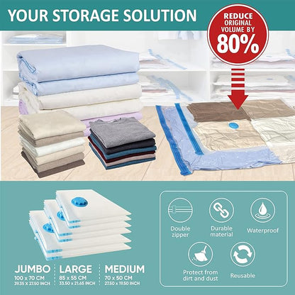 6 Pack Vacuum Storage Bags with Hand Pump, 80% Space Saver Vacuum Seal Storage Bags for Clothing, Travel Lugggage, Blankets, Comforters