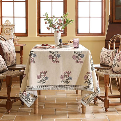 ISAENNE Designer Linen Light Beige Small Square Tablecloth,French Colorful Floral Table Cloth,Stain Resistant Decor Tablecloths for Dining Thanksgiving Christmas Kitchen,55"*55"-Helena E