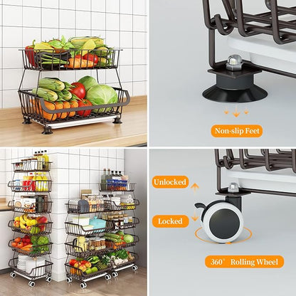 Miyawell Fruit Vegetable Storage Basket for Kitchen - 4 Tier Stackable Metal Wire Baskets Cart with Rolling Wheels Utility Fruits Rack Produce Snack Organizer Bins for Pantry Bathroom Laundry Bronze