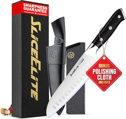 SliceElite Slice Series Santoku Knife 7 Inch High Carbon German Steel Blade Pakkawood Handle Dual Sheaths Kitchen Knife for Meat Cutting Chopping Chefs Cooking Tool Sharp Vegetable BBQ Knife Gift