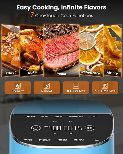 Nuwave Brio Plus Air Fryer 8 Qt, New & Improved, PFAS-FREE, 7 Digital One-Touch Cook Functions that AIR FRY, BAKE, ROAST, DEHYDRATE, TOAST, REHEAT, PREHEAT, 150 Presets, 50°F~400°F (Cozy Blue)