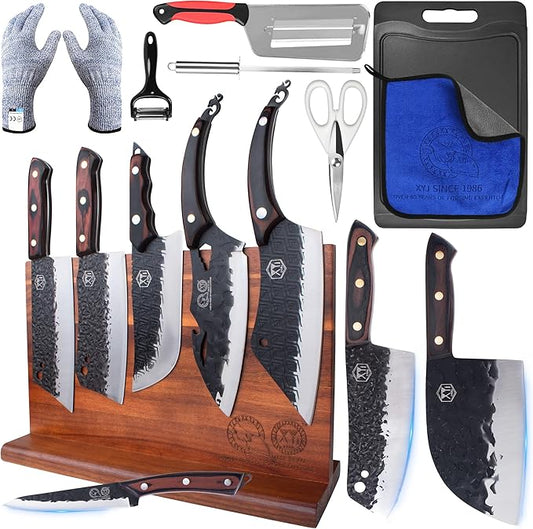 XYJ Authentic Since 1986, Kitchen Knife Block Set, High Carbon Steel Blades, Full Tang Knives Set with Block, Sharpener Rod, Scissors, Gloves, Utility Vegetable Butcher Slicing Slaguther Chef Knives