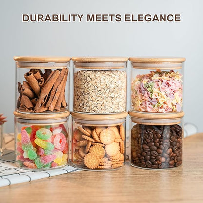 Liuruiyu Glass Food Storage Jars 6-Pack - 4x4 in-Clear Glass Food Canisters with Bamboo Lid Airtight For Serving Tea, Coffee, Flour, Sugar, Candy, Cookie, Spice and More (Circular)