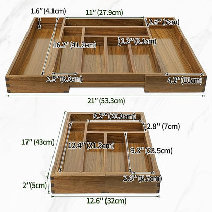 Luxury Acacia Kitchen Drawer Organizer - Silverware Organizer - Utensil Holder and Cutlery Tray with Grooved Drawer Dividers for Flatware and Kitchen Utensils (8 Slot), 17*12.4*2 inch