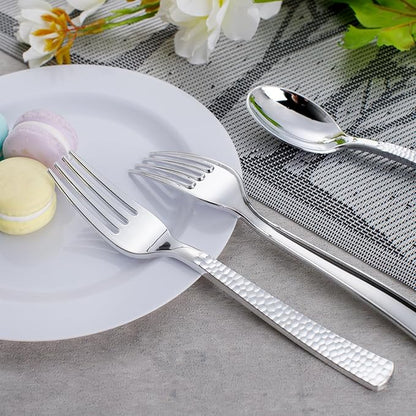 KIRE 400PCS Silver Plastic Forks and Spoons Disposable-Heavy Duty Plastic Silverware Set Silver Spoons and Forks-200 Forks and Spoon for Parties/Birthday/Wedding for Christmas