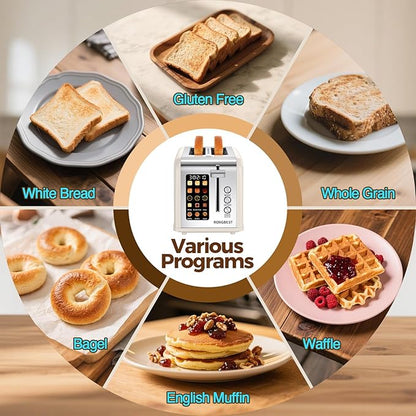 2 Slice Touch Screen Toaster, Stainless Steel Toaster with Wide Slots for Bagels and Bread, Reheat/Defrost/Cancel Functions, Removable Crumb Tray, Cream Color