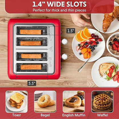 BUYDEEM DT640 4-Slice Toaster, Extra Wide Slots, Retro Stainless Steel with High Lift Lever, Bagel and Muffin Function, Removal Crumb Tray, 7-Shade Settings,Red
