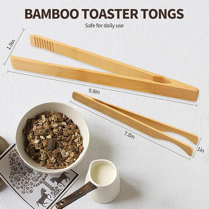 4 Pieces Natural Bamboo Toaster Tongs,Two Bamboo Toast Tongs of different lengths（9.8-Inch & 7.8-Inch),Long Tongs with Anti-slip Design,Heat-Resistant for Cooking and Serving