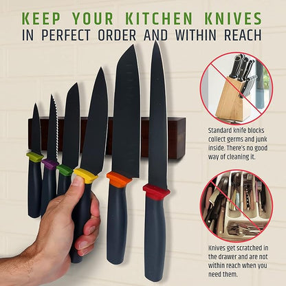 Premium 10 Inch (Small Size) Dark Walnut Wood Magnetic Knife Holder – Professional Wooden Magnetic Knife Strip - Space-Saving Knife Rack/Knife Bar With Powerful Magnetic Pull Force (Upgraded Version)
