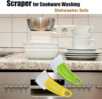 Silicone Dish Scraper to Kitchen Cleaning for Pans, Pots, Bowls, Non-stick Scraping Spatulas Tool,3 Pcs (Yellow, Green and Red)