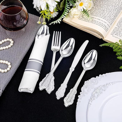 Liacere 400PCS Silver Plastic Silverware - Pre Rolled Napkins Disposable Silver Cutlery-Premium Quality Gold Plastic Utensils - Includes 100Forks,100Knives,100Spoons,100Napkins&Christmas