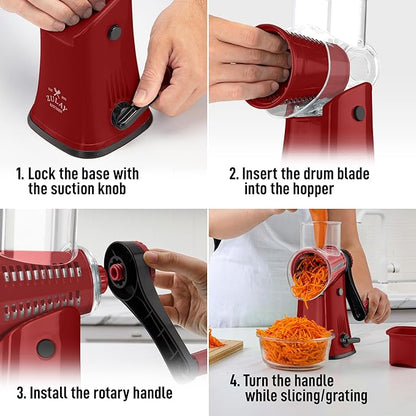 Zulay Kitchen Rotary Cheese Grater 5 Blade Cheese Shredder - Manual Hand Crank Cheese Grater With Reinforced Suction & 5 Interchangeable Drums - Easy to Use, Vegetable Chopper Round Mandoline Slicer