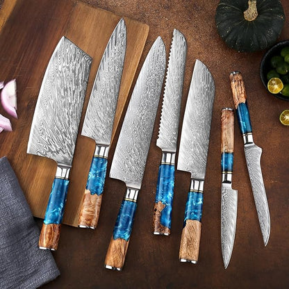 SENKEN 15-Piece Damascus Knife Block Set - "Tsunami" Collection Japanese Chef Knife Set - 67-Layer Japanese VG10 Steel Blades, Includes Chef Knife, Cleaver, 6 Steak Knives (15-Piece Knife Block Set)