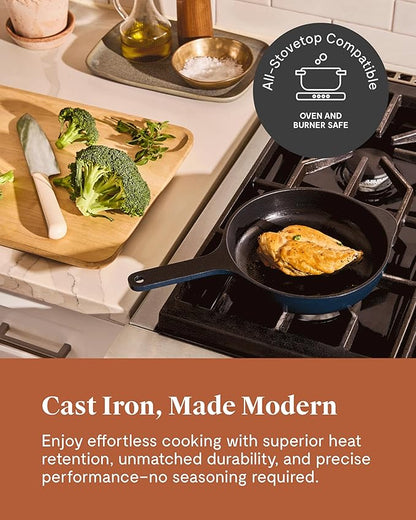 Caraway Cast Iron Skillet - 8” Enameled Cast Iron Pan With 3 Layer Enamel Coating - No Seasoning Required - Compatible With All Stovetops - Free From Forever Chemicals - Midnight Blue