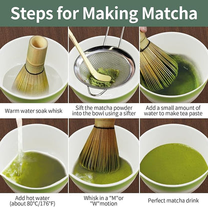 Matcha Whisk Set, 7-Pcs Matcha Set Includes Gradient Ceramic Matcha Bowl and Chasen Holder, Bamboo Whisk, Stainless Sifter, Teaspoon, Tea Towel, Spoon, Matcha Kit for Tea Lovers (Green)