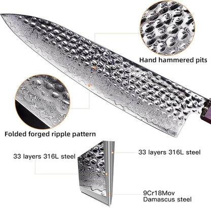 FINDKING Eternity Series Japanese Chef Knife with ABS sheath, Professional Kitchen Knife, 9Cr18MoV Damascus Steel Blade, Resin Octagonal Handle, Sharp, for Meat Cutting, 8 Inches
