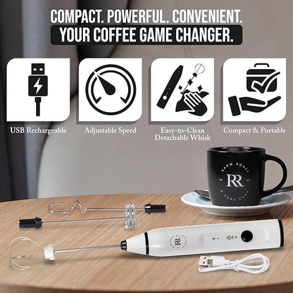 Frother Handheld - Powerful Coffee Frother Wand Rechargeable, Ultra Fast Milk Frother Handheld, Electric Whisk Drink Mixer with Stainless Steel for Coffee, Lattes, Matcha | White