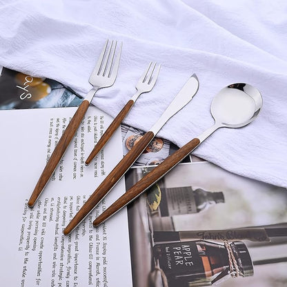 16-Piece Silverware Set with Cake Fork, Silver Stainless Steel Flatware Cutlery, Eating Utensils with Wooden Effect Handle, Includes Knife, Fork, Spoon, Mirror Finish, Dishwasher Safe