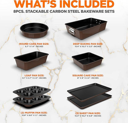 NutriChef 8-Piece Nonstick Stackable Bakeware Set - PFOA, PFOS, PTFE Free Baking Tray Set w/Non-Stick Coating, 450°F Oven Safe, Round Cake, Loaf, Muffin, Wide/Square Pans, Cookie Sheet (Brown)