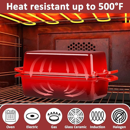 Leonyo 9 x 6 inch Cast Iron Loaf Pan with Lid, 2-in-1 Enameled Sourdough Baking Pan, Homemade Bread Dutch Oven for Pound Cake, Lasagna, Up to 500℉ & Red