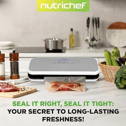 NutriChef Vacuum Sealer Machine – Compact Silver Vacuum Sealing System with Dry & Moist Modes, LED Indicators, Starter Kit & Extra Bags – Ideal for Food Preservation, Meal Prep & Sous Vide Cooking